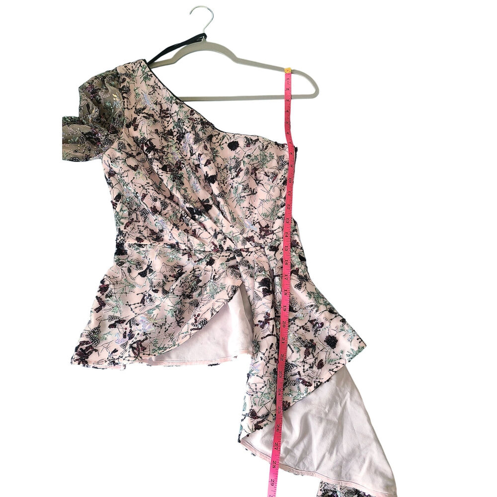 Self-Portrait Asymmetric Sequinned Floral Mesh One Shoulder Top Pink Size 2 - Picture 9 of 9